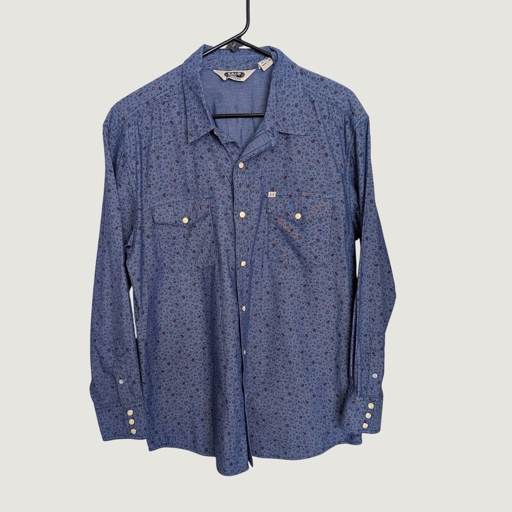 Salt Valley Western Mens Blue Floral Pearl Snap Shirt Long Sleeve Cotton Large